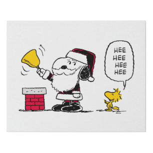 Peanuts   Snoopy & Woodstock Santa Bell Ringer Faux Canvas Print