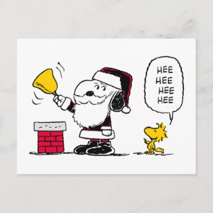 Peanuts   Snoopy & Woodstock Santa Bell Ringer Postcard
