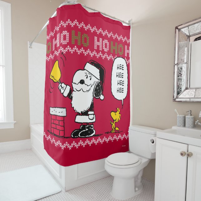 Peanuts | Snoopy & Woodstock Santa Bell Ringer Shower Curtain (In Situ)