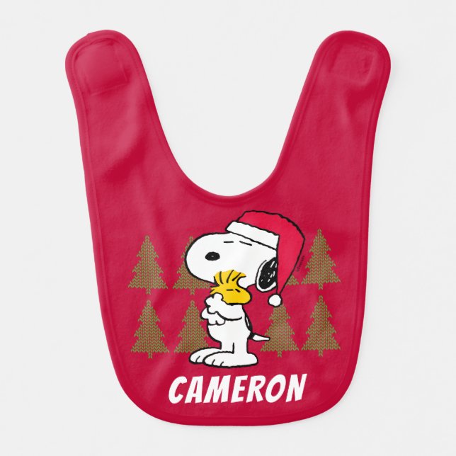 Peanuts | Snoopy & Woodstock Santa Claus Hug Baby Bib (Front)