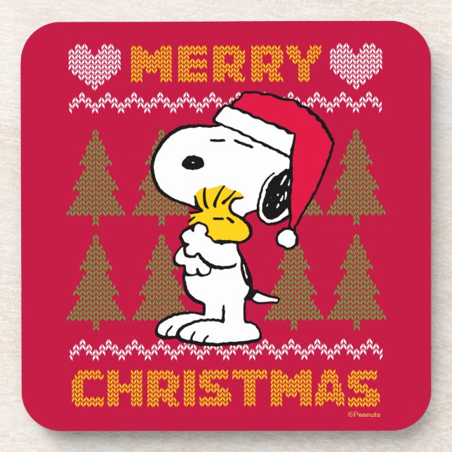 Peanuts | Snoopy & Woodstock Santa Claus Hug Beverage Coaster (Front)