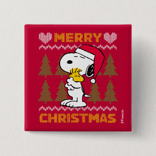 Peanuts Snoopy & Woodstock Santa Claus Hug Button