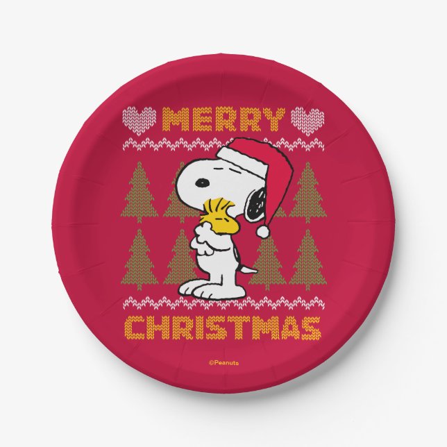 Peanuts | Snoopy & Woodstock Santa Claus Hug Paper Plates (Front)
