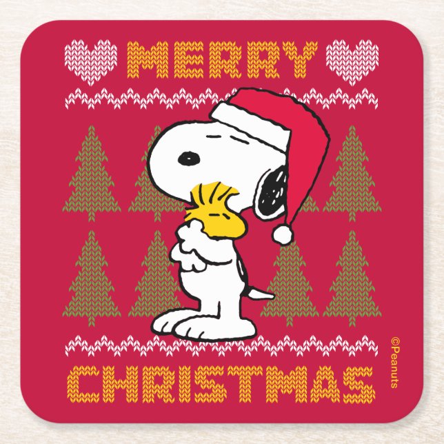 Peanuts | Snoopy & Woodstock Santa Claus Hug Square Paper Coaster (Front)