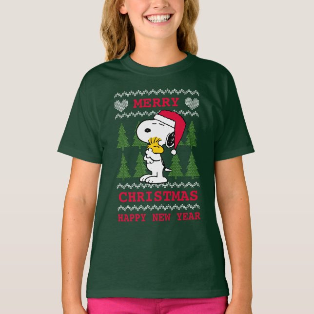 Peanuts | Snoopy & Woodstock Santa Claus Hug T-Shirt (Front)