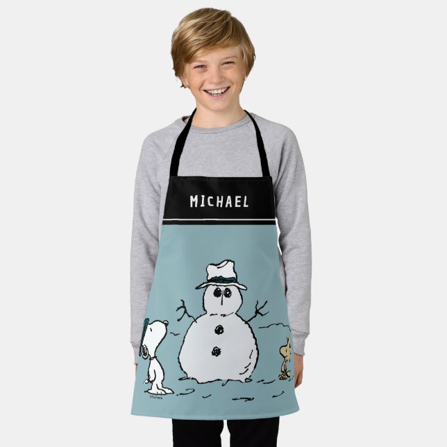 Peanuts | Snoopy & Woodstock Snowman | Add Name Apron (Worn)