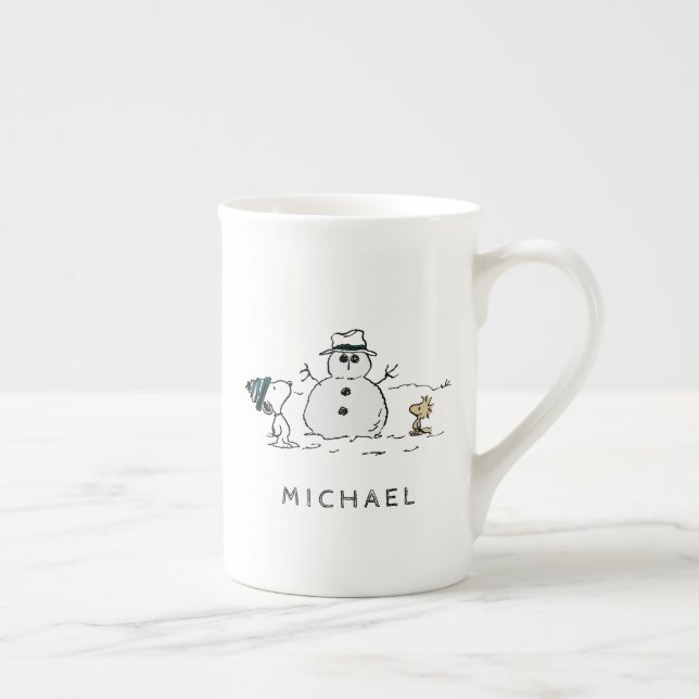 Peanuts | Snoopy & Woodstock Snowman | Add Name Bone China Mug (Right)