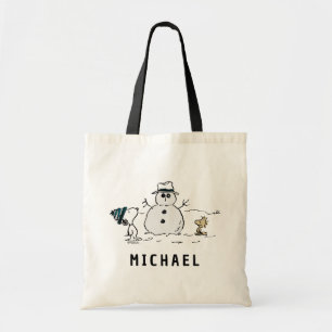 Peanuts   Snoopy & Woodstock Snowman   Add Name Tote Bag