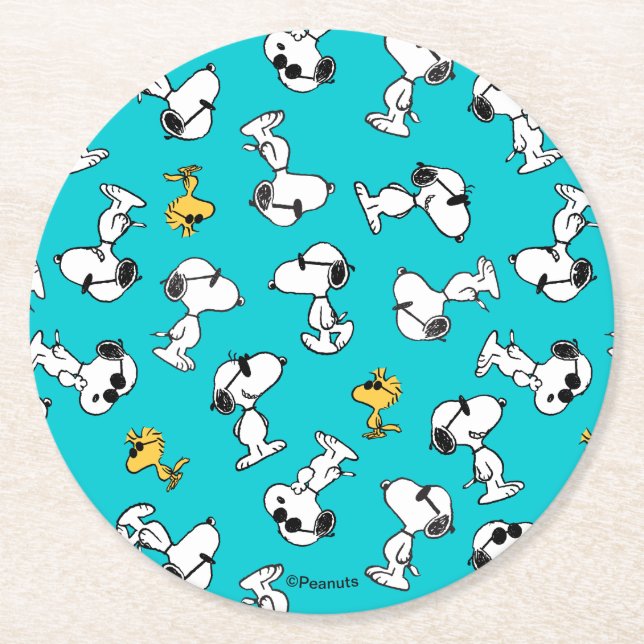 Peanuts | Snoopy & Woodstock Sunglasses Pattern Round Paper Coaster (Front)