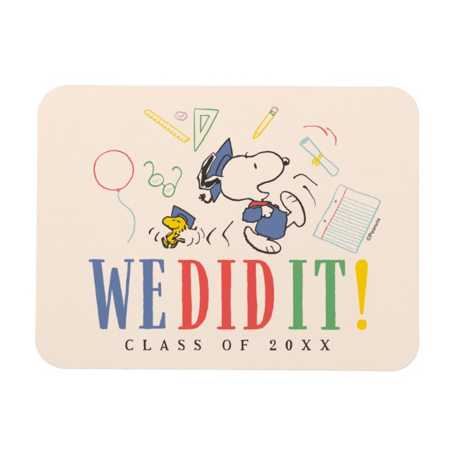 Peanuts Snoopy Woodstock We Did It Graduation Cap Magnet (Horizontal)