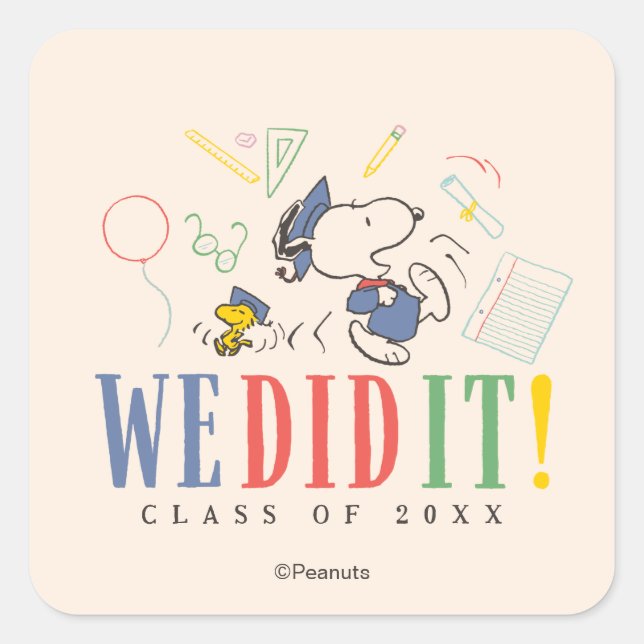 Peanuts Snoopy Woodstock We Did It Graduation Cap Square Sticker (Front)