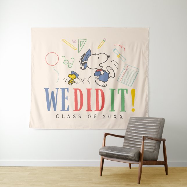 Peanuts Snoopy Woodstock We Did It Graduation Cap Tapestry (In Situ (Horizontal))