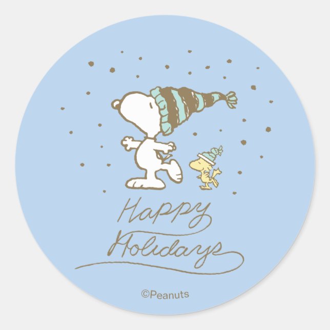 Peanuts | Snoopy & Woodstock Winter Skating Classic Round Sticker (Front)