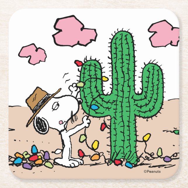 Peanuts | Spike Decorates for Christmas Square Paper Coaster (Front)