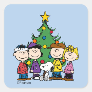 Peanuts The Gang Around the Christmas Tree Squar Square Sticker