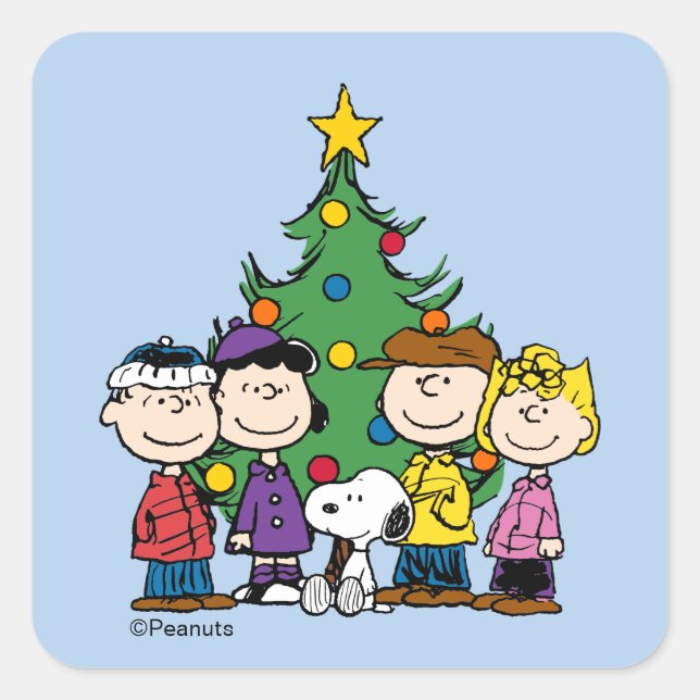 Peanuts | The Gang Around the Christmas Tree Squar Square Sticker (Front)