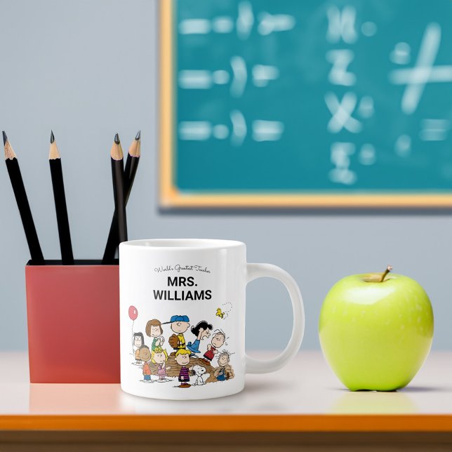 Peanuts | The Gang Greatest Teacher Personalized Giant Coffee Mug (Mug on desk)