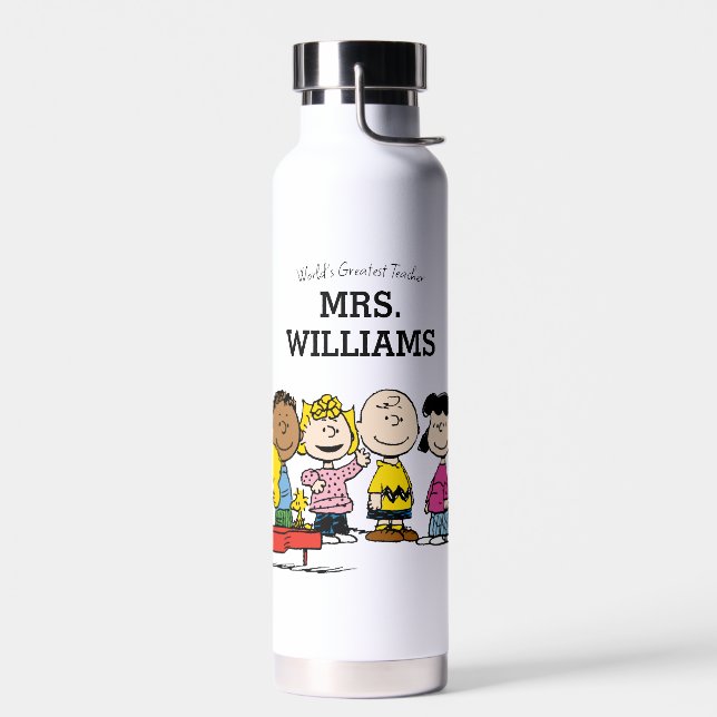 Peanuts | The Gang Greatest Teacher Personalized Water Bottle (Left)