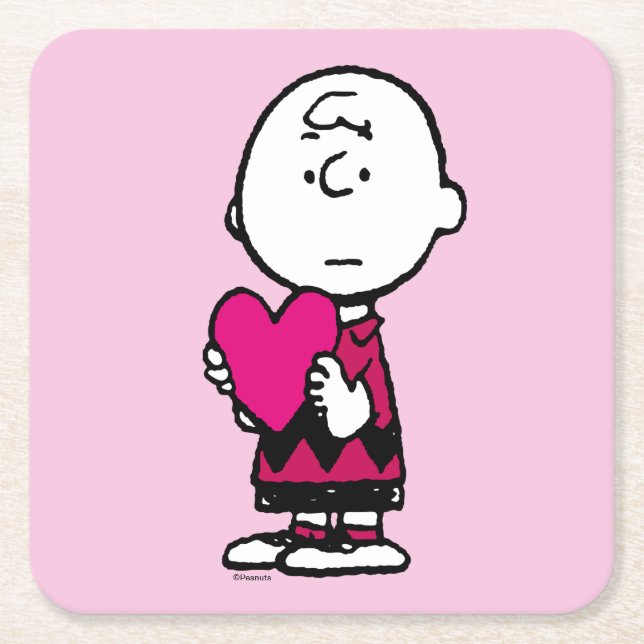 Peanuts | Valentine's Day | Heart Charlie Brown Square Paper Coaster (Front)