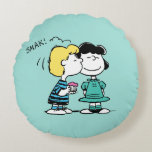 Peanuts | Valentine's Day | Lucy & Schroeder Kiss Round Pillow<br><div class="desc">Move over, piano practice—it’s time for a little Valentine’s Day romance! This adorable design captures a rare, sweet moment where Lucy finally gets that elusive "SMAK!" from Schroeder. It’s the perfect tribute to the most persistent crush in comic history. If you're looking for a fun, tongue-in-cheek way to celebrate love...</div>