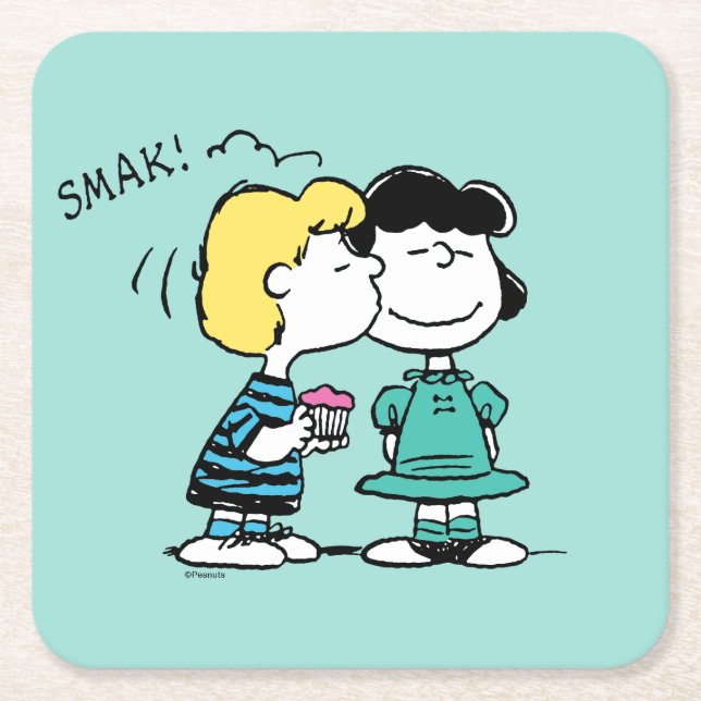 Peanuts | Valentine's Day | Lucy & Schroeder Kiss Square Paper Coaster (Front)