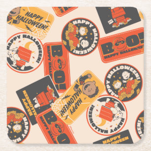 Peanuts   Vintage Button Happy Halloween Pattern Square Paper Coaster