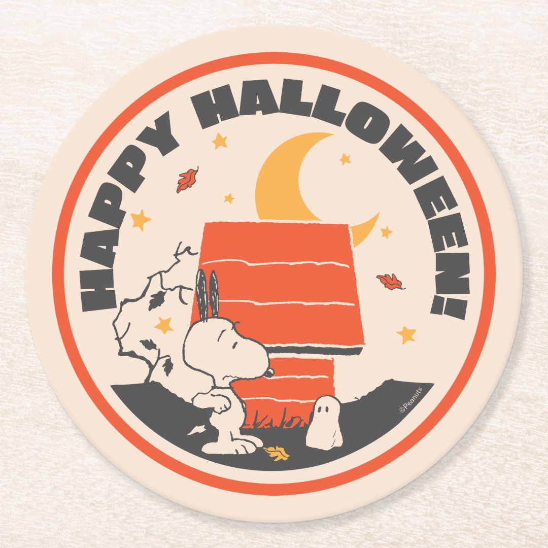 Peanuts | Vintage Snoopy Scared By Ghost Round Paper Coaster (Front)