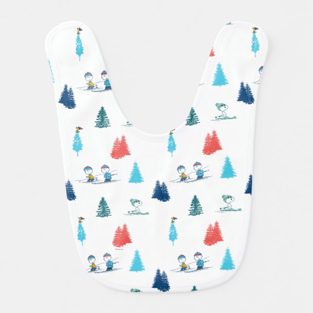 Peanuts | Winter Skiing the Slopes Pattern Baby Bib (Front)