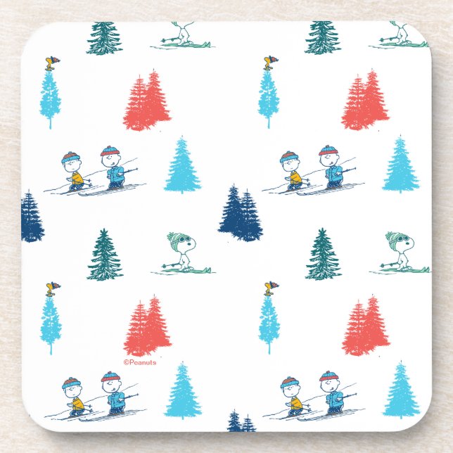 Peanuts | Winter Skiing the Slopes Pattern Beverage Coaster (Front)