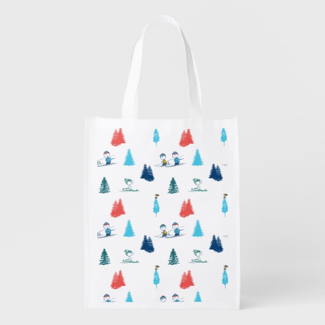 Peanuts | Winter Skiing the Slopes Pattern Grocery Bag (Front)