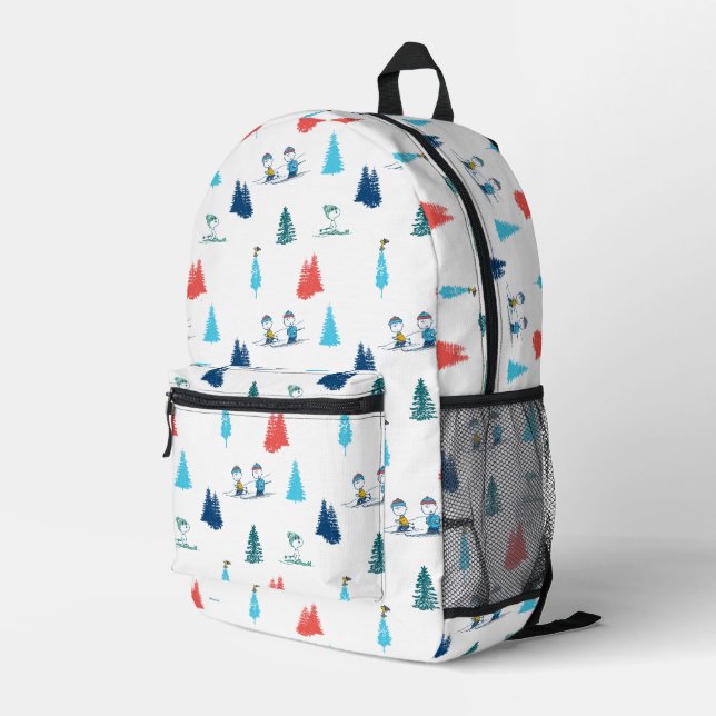 Peanuts | Winter Skiing the Slopes Pattern Printed Backpack (Back Corner Right)