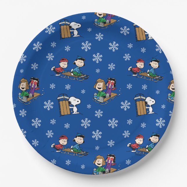 Peanuts | Winter Sledding Fun Pattern Paper Plates (Front)