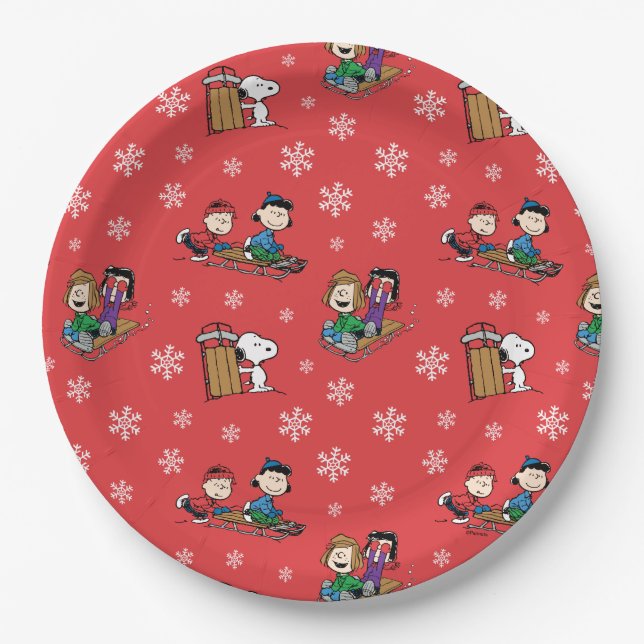 Peanuts | Winter Sledding Fun Pattern Paper Plates (Front)