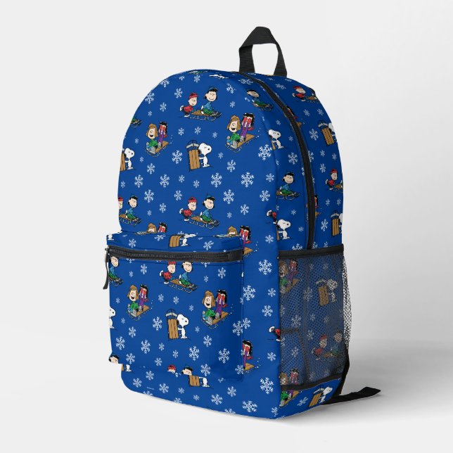 Peanuts | Winter Sledding Fun Pattern Printed Backpack (Back Corner Right)