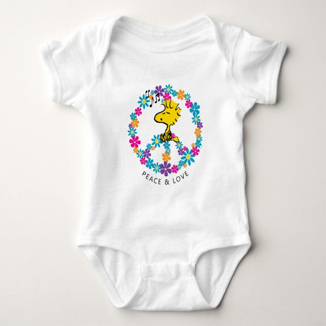 Peanuts | Woodstock Flower Peace Sign Baby Bodysuit (Front)