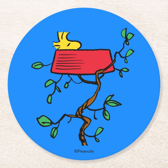 Peanuts | Woodstock Napping in Snoopy's Dish Round Paper Coaster (Front)