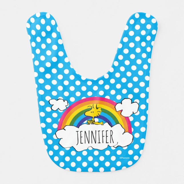 PEANUTS | Woodstock's Rainbow Polka Dots Baby Bib (Front)