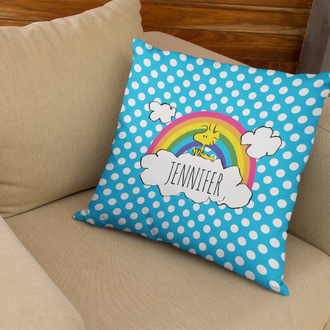PEANUTS | Woodstock's Rainbow Polka Dots Throw Pillow (Creator Uploaded)