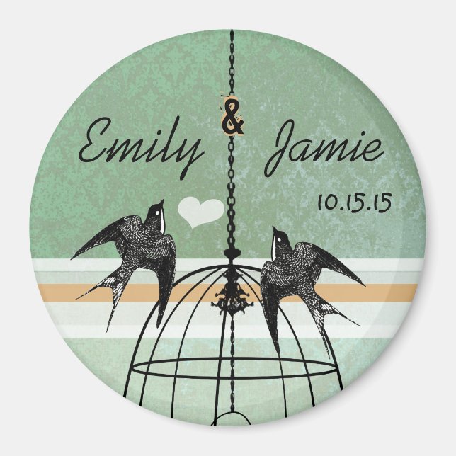 Peapod Green Damask & Coral Birdcage Wedding Magnet (Front)