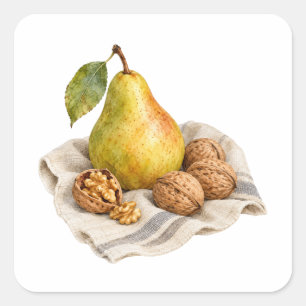 Pear and Walnuts on a Linen Cloth Square Sticker