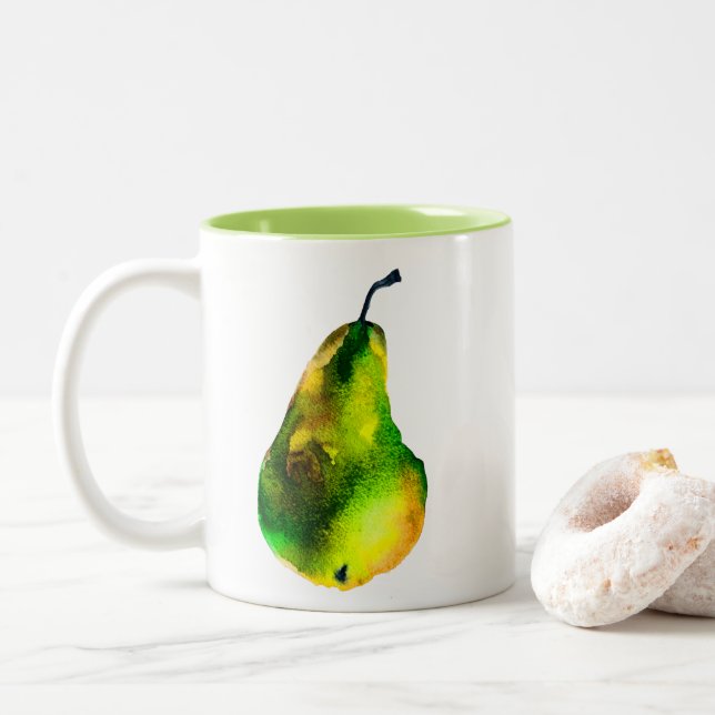 Pear art cute watercolor fruit Two-Tone coffee mug (With Donut)