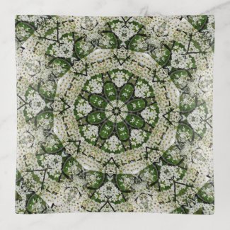 Pear Blossom Kaleidoscope White and Green Trinket Tray