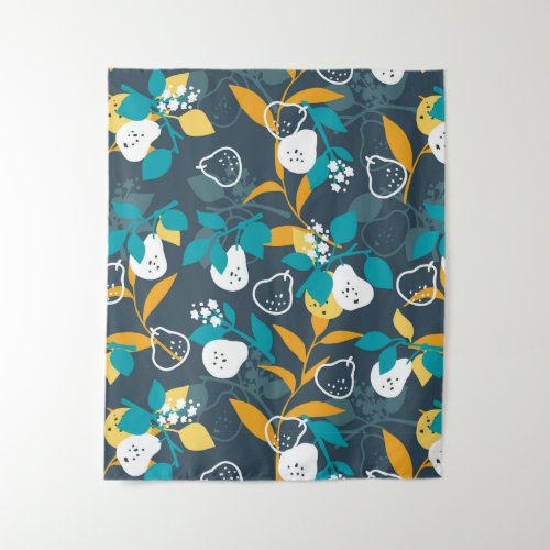  Pear Fruit Plant in Black Color Pattern Tapestry