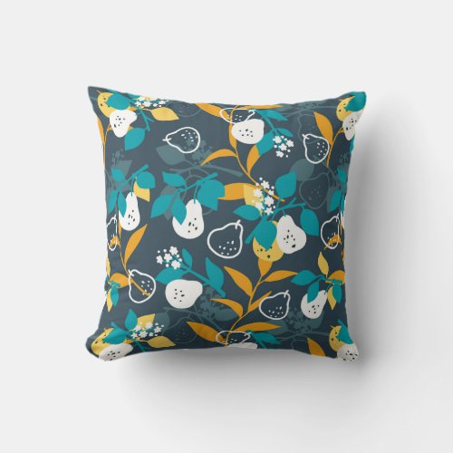  Pear Fruit Plant in Black Color Pattern Throw Pillow