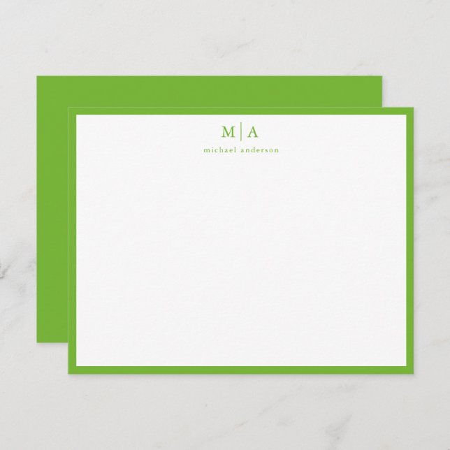 Pear Green Classic Border Monogram Correspondence Note Card (Front/Back)