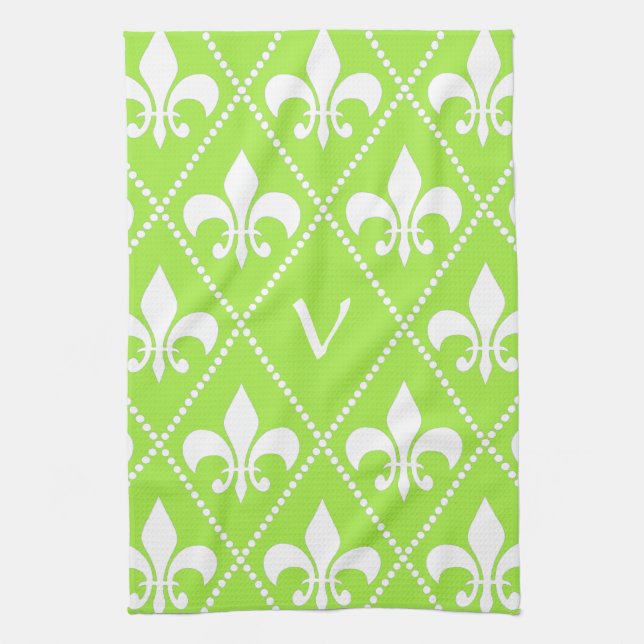 Pear Green Fleur de Lis with monogram initial Kitchen Towel (Vertical)