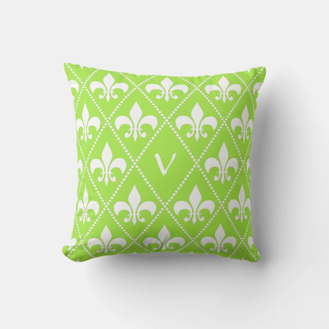 Pear Green Fleur de Lis with monogram initial Throw Pillow (Front)
