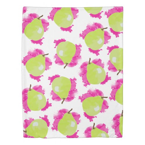 Pear Illustration with Pink Watercolor Splash Duvet Cover