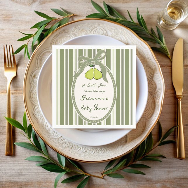 Pear sage green retro stripes baby shower custom napkins (Pear sage green retro stripes vintage baby shower custom napkins personalized decor )