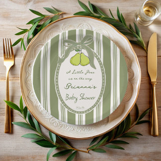 Pear sage green retro stripes baby shower custom paper plates
